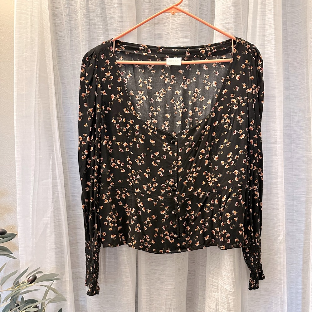 Abound Black Floral Long Sleeve Blouse Size Large
